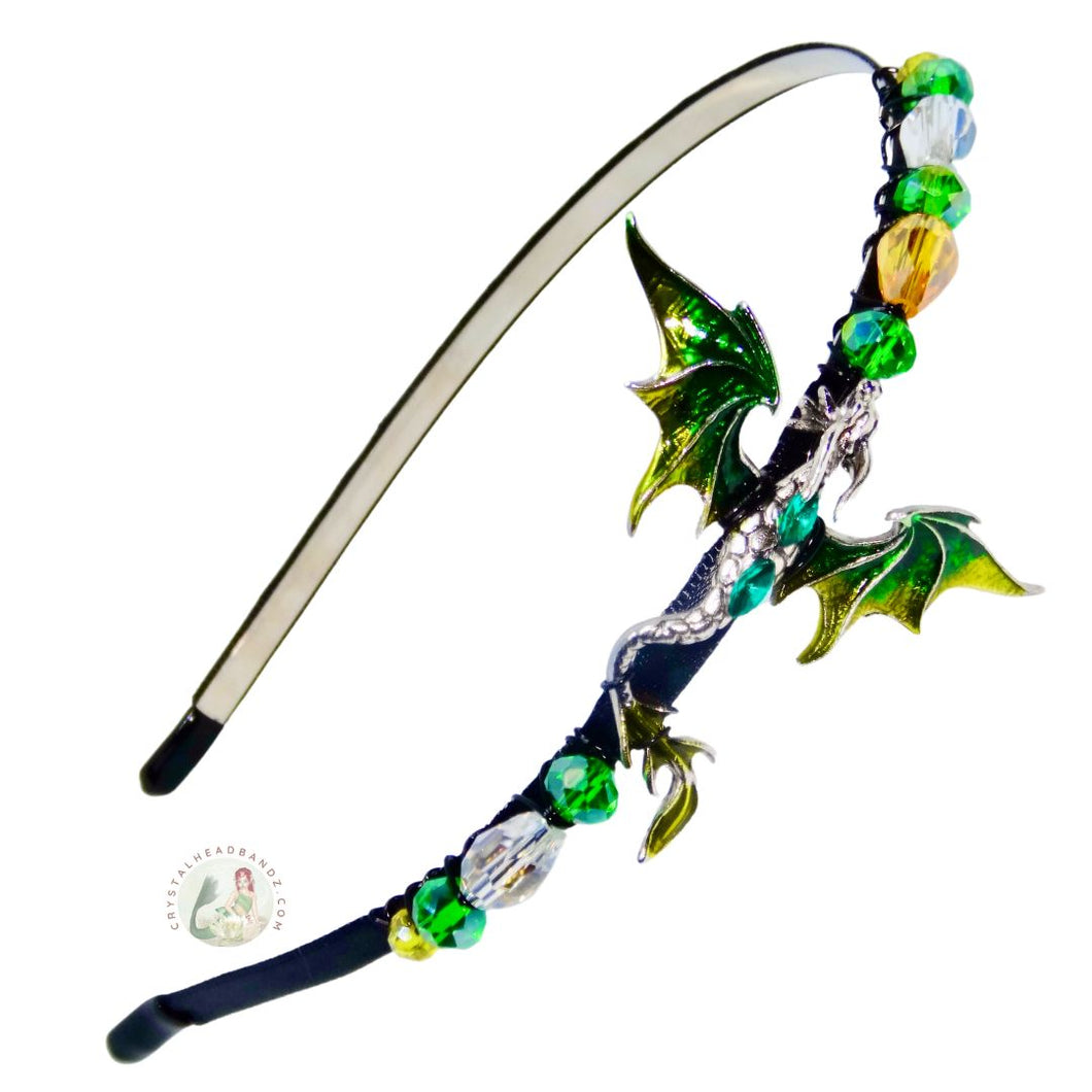 flexible headband embellished with an enameled green dragon, decorated with crystal beads, Mythical Dragon Headband