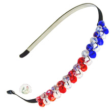 Load image into Gallery viewer, flexible headband side embellished with red white blue Austrian crystal beads, Red White Blue Crystal Headband
