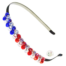 Load image into Gallery viewer, flexible patriotic headband side embellished with red white blue Austrian crystal beads, Red White Blue Crystal Headband
