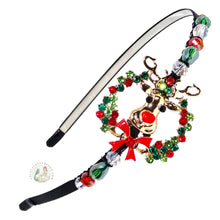 Load image into Gallery viewer, flexible headband embellished with Rudolph in rhinestone wreath, accented with sparkly Austrian crystal beads, Rudolph in Christmas Wreath Headband
