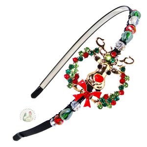 flexible headband embellished with Rudolph in rhinestone wreath, accented with sparkly Austrian crystal beads, Rudolph in Christmas Wreath Headband