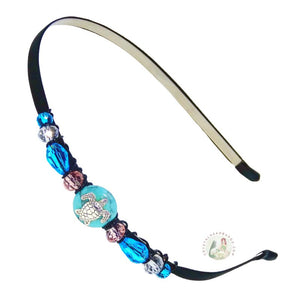 no-pinch headband embellished with a silver turtle on a turquoise bead, accented with fancy Czech crystal beads, Silver Turtle Headband