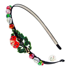 Load image into Gallery viewer, flexible headband embellished with a sparkly ladybug on a leaf centerpiece, accented with shiny Austrian crystal beads, Sparkly Ladybug Headband
