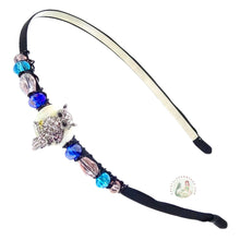 Load image into Gallery viewer, flexible headband side embellished with a silver owl centerpiece, accented with sparkly crystal beads, Sparkly Owl Headband

