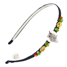 Load image into Gallery viewer, flexible headband side decorated with a silver owl centerpiece, accented with fall colored sparkly crystal beads, Sparkly Owl Headband
