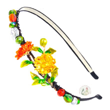 Load image into Gallery viewer, orange spring flowers embellished no-pinch headband, decorated with sparkly Austrian crystal beads
