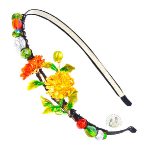 orange spring flowers embellished no-pinch headband, decorated with sparkly Austrian crystal beads