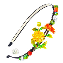 Load image into Gallery viewer, orange spring flowers embellished flexible headband, decorated with sparkly crystal beads, Spring Flowers Headband
