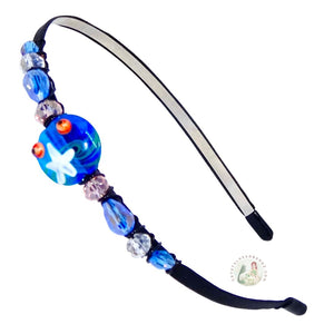 flexible headband embellished with starfish themed deep blue handmade glass bead accented with sparkly crystal beads, Starfish Handmade Glass Bead Headband