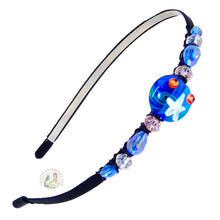 Load image into Gallery viewer, no-pinch headband embellished with starfish themed deep blue handmade glass bead accented with sparkly Austrian crystal beads, Starfish Handmade Glass Bead Headband
