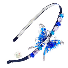 Load image into Gallery viewer, no-pinch headband embellished with blue swallowtail butterfly, accented with sparkly crystal beads, Swallowtail Butterfly Headband
