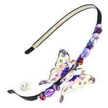 Load image into Gallery viewer,  adjustable headband embellished with lilac and pink swallowtail butterfly, accented with Austrian crystal beads, Swallowtail Butterfly Headband
