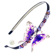 Load image into Gallery viewer, flexible headband embellished with purple swallowtail butterfly, accented with Austrian crystal beads, Swallowtail Butterfly Headband
