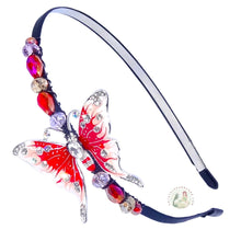 Load image into Gallery viewer, flexible headband embellished with red swallowtail butterfly, accented with Austrian crystal beads, Swallowtail Butterfly Headband
