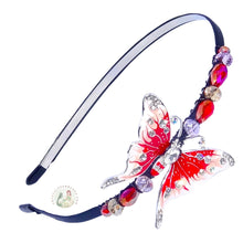 Load image into Gallery viewer, comfortable, no-pinch headband embellished with red swallowtail butterfly, accented with Austrian crystal beads, Swallowtail Butterfly Headband
