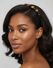Load image into Gallery viewer, woman wearing a flexible headband embellished with autumn colored shimmering  Austrian crystal beads, Autumn Dawn Crystal Headband
