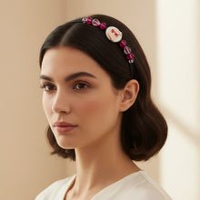 Load image into Gallery viewer, woman wearing pink bunny embellished flexible headband side-accented with Czech crystal beads, Cute Bunny Headband
