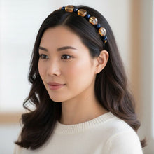 Load image into Gallery viewer, woman wearing flexible headband side-embellished with chunky sparkly amber Austrian crystal beads
