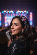 Load image into Gallery viewer, Woman in sequined dress, wearing a decorative headband with a crystal bellflower and colorful gemstones
