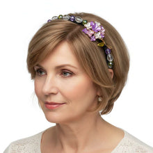 Load image into Gallery viewer, Woman wearing  lilac Hortensia bloom headband with colorful beads on a white background
