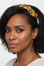Load image into Gallery viewer, woman wearing a jeweled orange butterfly side-embellished flexible headband, accented with Bohemian crystal beads, Jeweled Butterfly Headband
