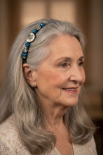 Load image into Gallery viewer, woman wearing silver angel side-embellished flexible headband, accented with turquoise and white Czech crystal beads, Little Angel Headband
