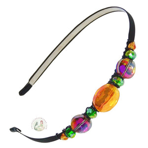 flexible headband embellished with sparkly gold, purple and emerald colored crystal beads, Big Crystal Beads Headband