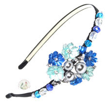 Load image into Gallery viewer, bouquet of blue flowers and faux pearls embellished flexible headband  Edit alt text, Blue Bouquet Headband
