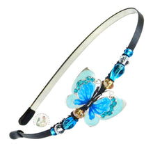 Load image into Gallery viewer, enameled blue butterfly embellished flexible headband accented with Austrian crystal beads, Blue Butterfly Headband
