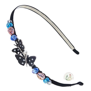 flexible headband embellished with enameled black double butterfly centerpiece, accented with colorful sparkly crystal beads, Enameled Butterfly Headband