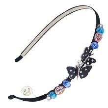 Load image into Gallery viewer, no-pinch headband embellished with enameled black double butterfly centerpiece, accented with colorful sparkly Austrian crystal beads, Enameled Butterfly Headband
