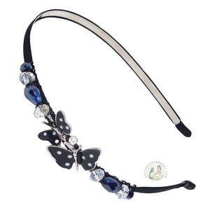 flexible headband embellished with enameled black double butterfly centerpiece, accented with sparkly crystal beads, Enameled Butterfly Headband