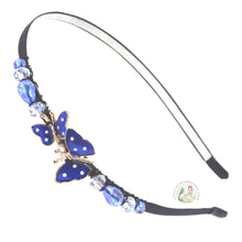 Load image into Gallery viewer, no-pinch headband embellished with enameled blue double butterfly centerpiece, accented with sparkly Austrian crystal beads, Enameled Butterfly Headband
