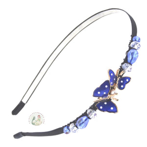 flexible headband embellished with enameled blue double butterfly centerpiece, accented with sparkly crystal beads, Enameled Butterfly Headband