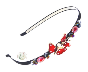 no-pinch headband embellished with enameled red double butterfly centerpiece, accented with sparkly black Austrian crystal beads