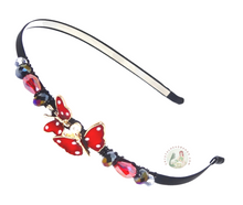 Load image into Gallery viewer, flexible headband embellished with enameled red double butterfly centerpiece, accented with sparkly black crystal beads, Enameled Butterfly Headband
