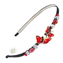 Load image into Gallery viewer, flexible headband embellished with enameled red double butterfly centerpiece, accented with sparkly crystal beads, Enameled Butterfly Headband
