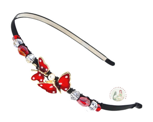 no-pinch headband embellished with enameled red double butterfly centerpiece, accented with sparkly white Austrian crystal beads
