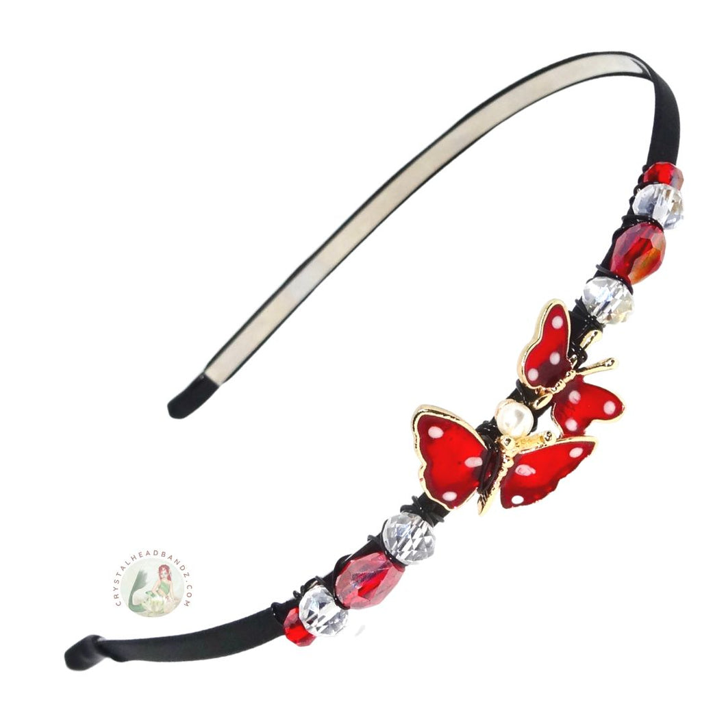 flexible headband embellished with enameled red double butterfly centerpiece, accented with sparkly crystal beads, Enameled Butterfly Headband