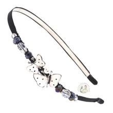 Load image into Gallery viewer, flexible headband embellished with enameled white double butterfly centerpiece, accented with sparkly crystal beads, Enameled Butterfly Headband
