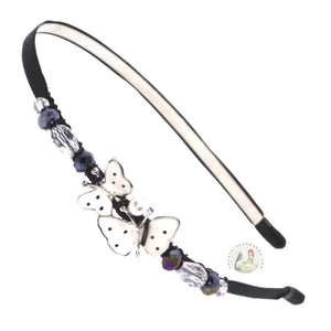 flexible headband embellished with enameled white double butterfly centerpiece, accented with sparkly crystal beads, Enameled Butterfly Headband