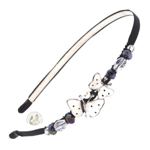 flexible headband embellished with enameled white double butterfly centerpiece, accented with sparkly crystal beads, Enameled Butterfly Headband