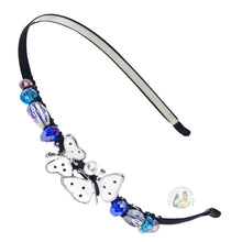 Load image into Gallery viewer, flexible headband embellished with enameled white double butterfly centerpiece, accented with colorful sparkly crystal beads, Enameled Butterfly Headband
