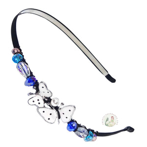 flexible headband embellished with enameled white double butterfly centerpiece, accented with colorful sparkly crystal beads, Enameled Butterfly Headband