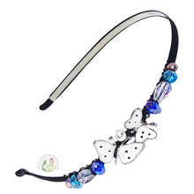 Load image into Gallery viewer, no-pinch headband embellished with enameled white double butterfly centerpiece, accented with colorful sparkly Austrian crystal beads, Enameled Butterfly Headband
