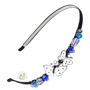 no-pinch headband embellished with enameled white double butterfly centerpiece, accented with colorful sparkly Austrian crystal beads, Enameled Butterfly Headband