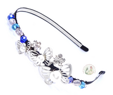 Load image into Gallery viewer, no-pinch headband decorated with triple silver butterfly, faux pearls and sparkly Austrian crystal beads, Triple Butterfly Headband
