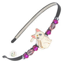 Load image into Gallery viewer, enameled white cartoon cat side-embellished flexible headband accented with Czech crystal beads. Cartoon Cat Headband
