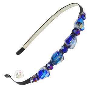 flexible headband side embellished with chunky iridescent blue crystal beads