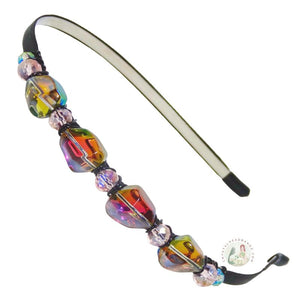 flexible headband side embellished with chunky sparkly iridescent purple crystal beads